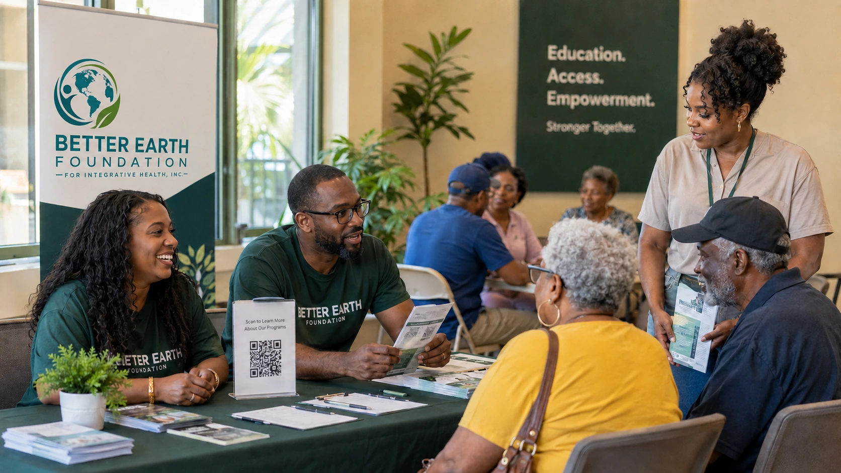 Better Earth Foundation community outreach event with residents and staff discussing wellness access
