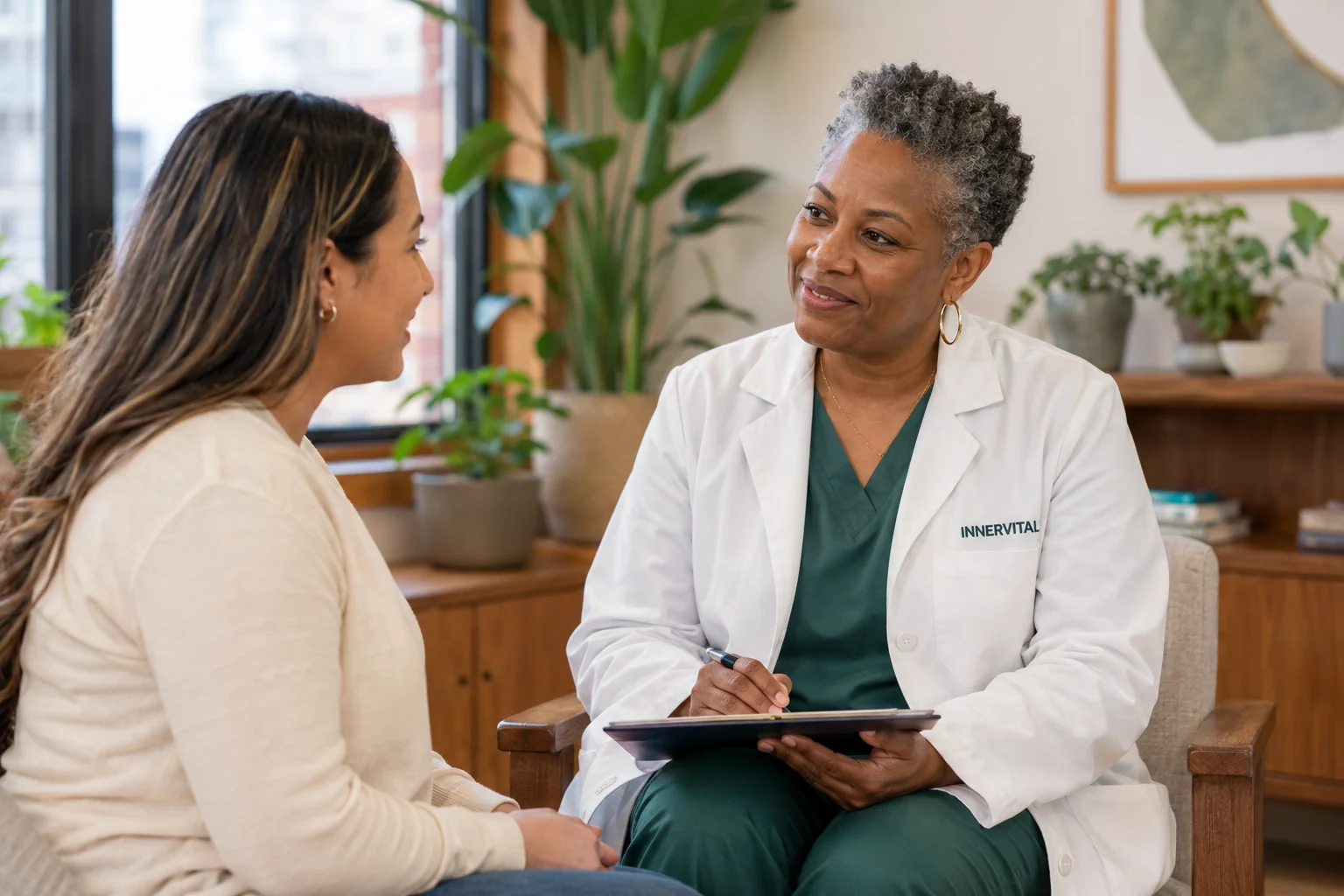 An InnerVital practitioner listening carefully to a community member during a respectful consultation