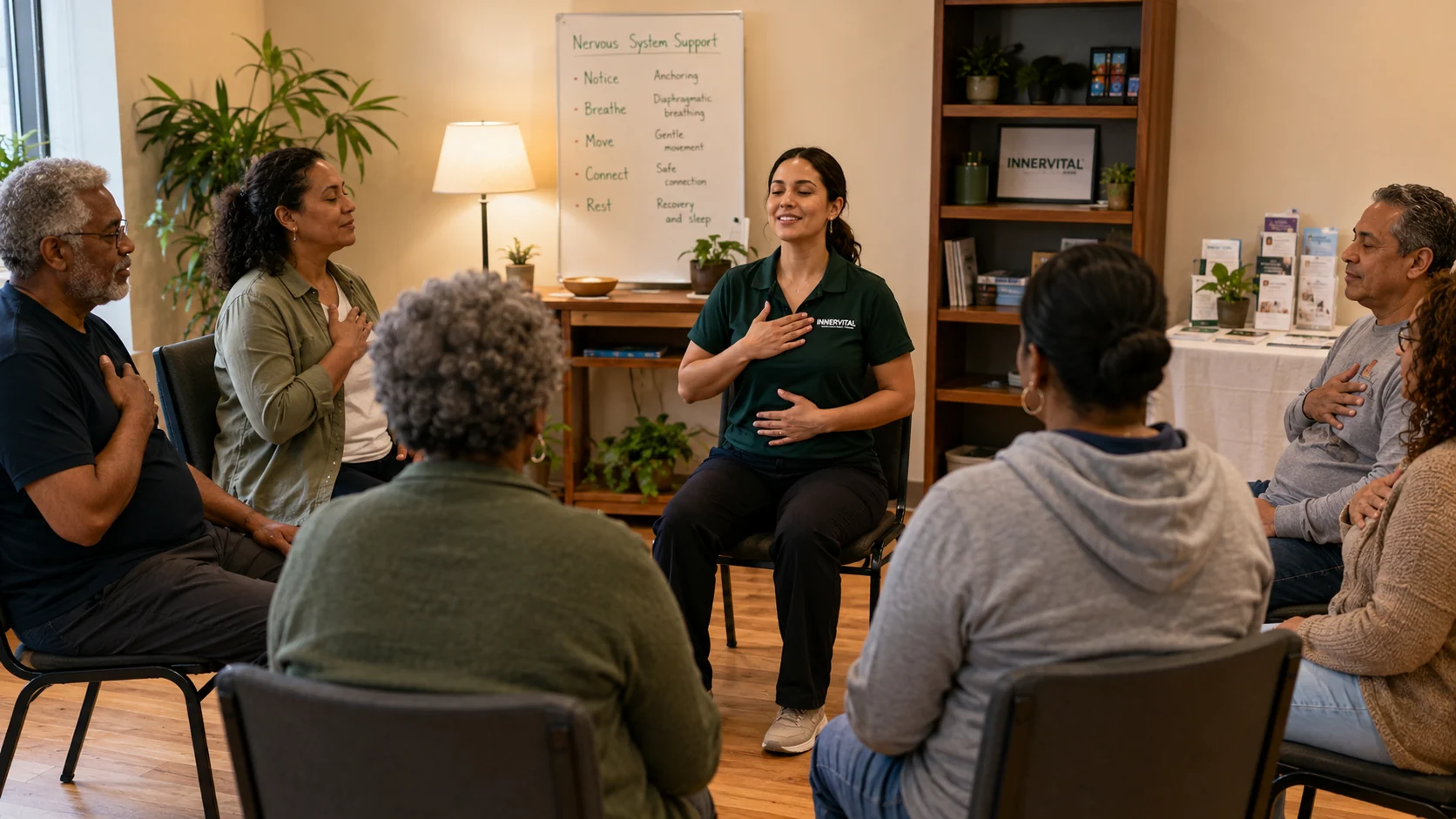 A community wellness group practicing gentle breathing and self-regulation with an InnerVital guide