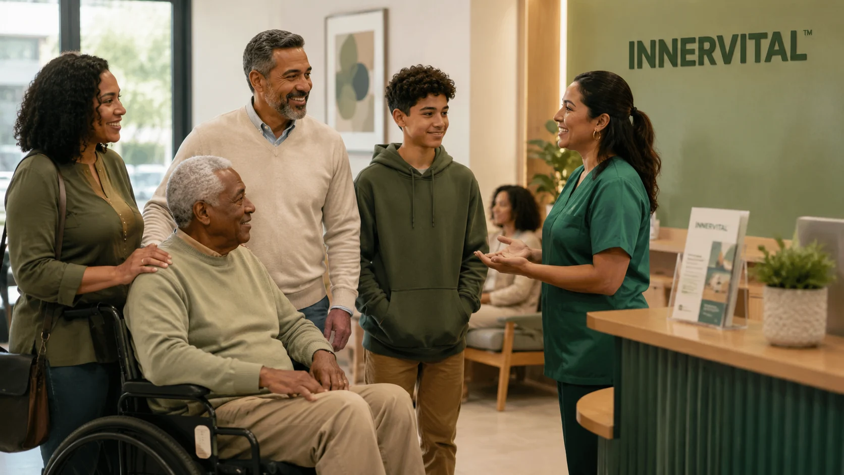 A multigenerational family being welcomed in an InnerVital clinic reception area