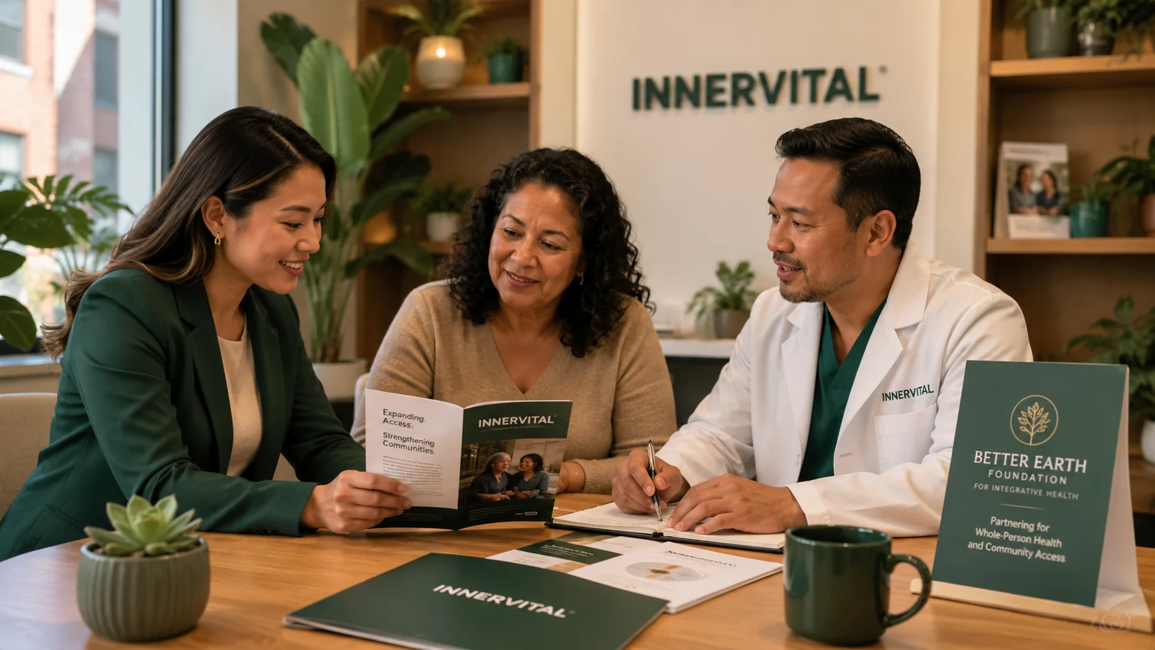 InnerVital and Better Earth Foundation representatives reviewing access-to-care materials with a community member