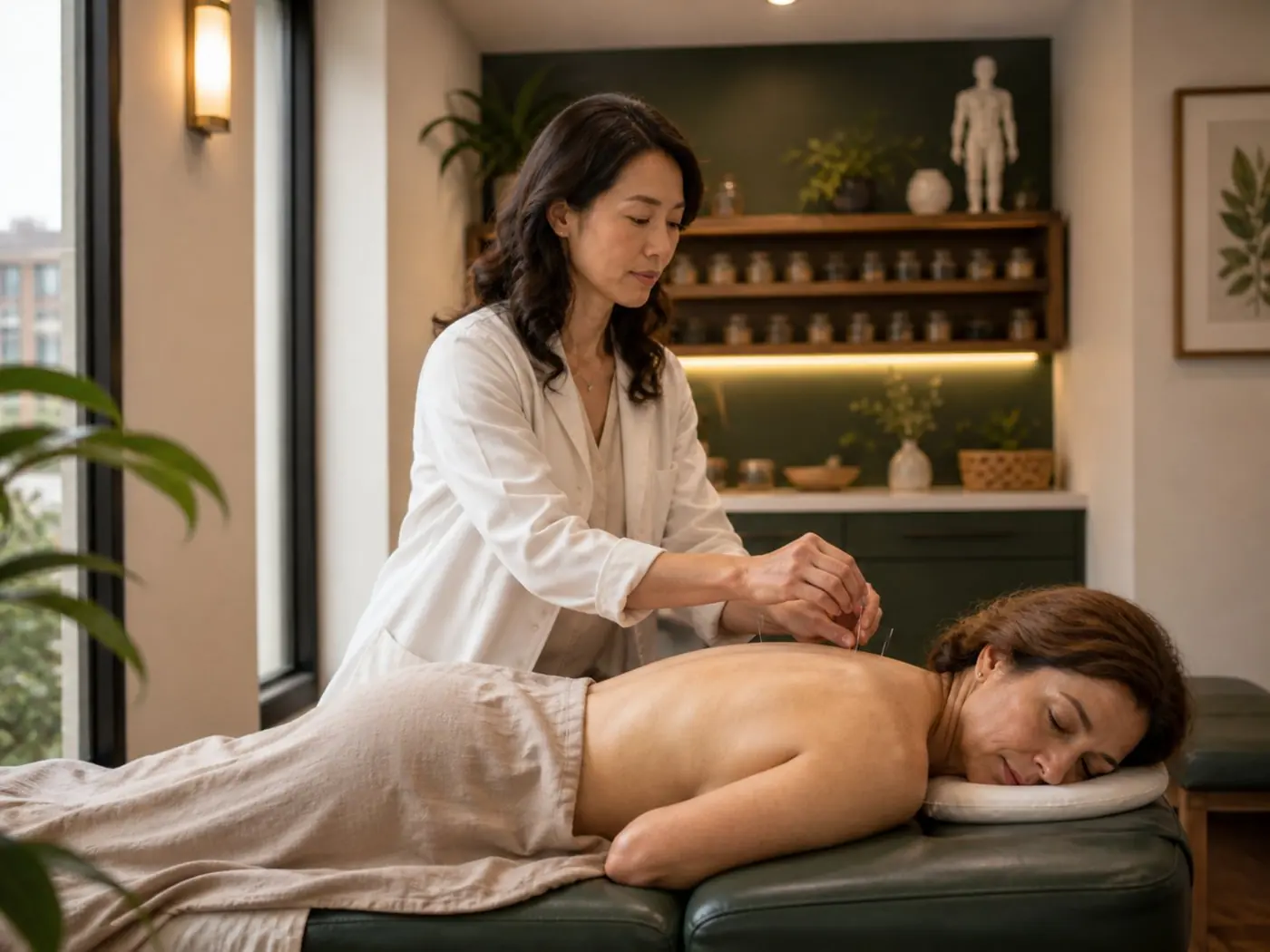 Licensed acupuncture practitioner providing a calm acupuncture session in a modern clinic room