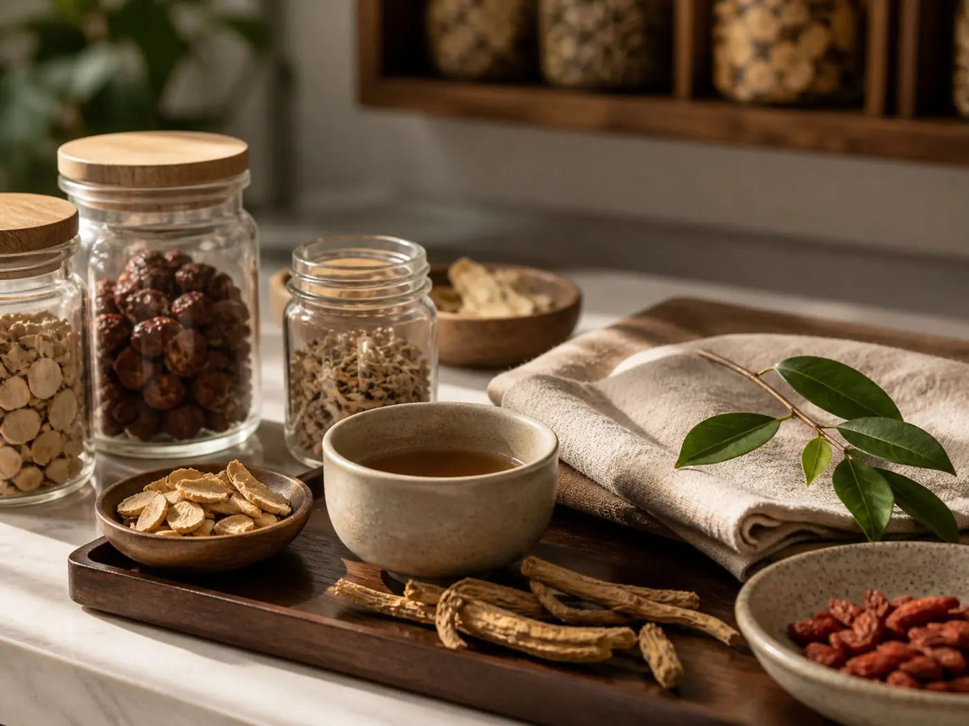 Traditional Chinese Medicine herbs, tea, and natural materials arranged in a modern clinical setting