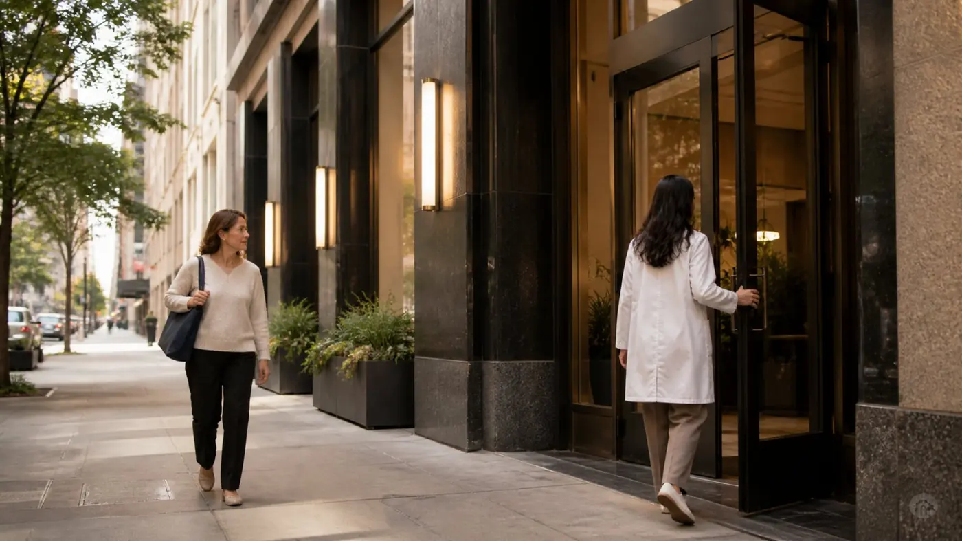 Modern downtown Chicago clinic entrance with patient approaching and clinician at the door