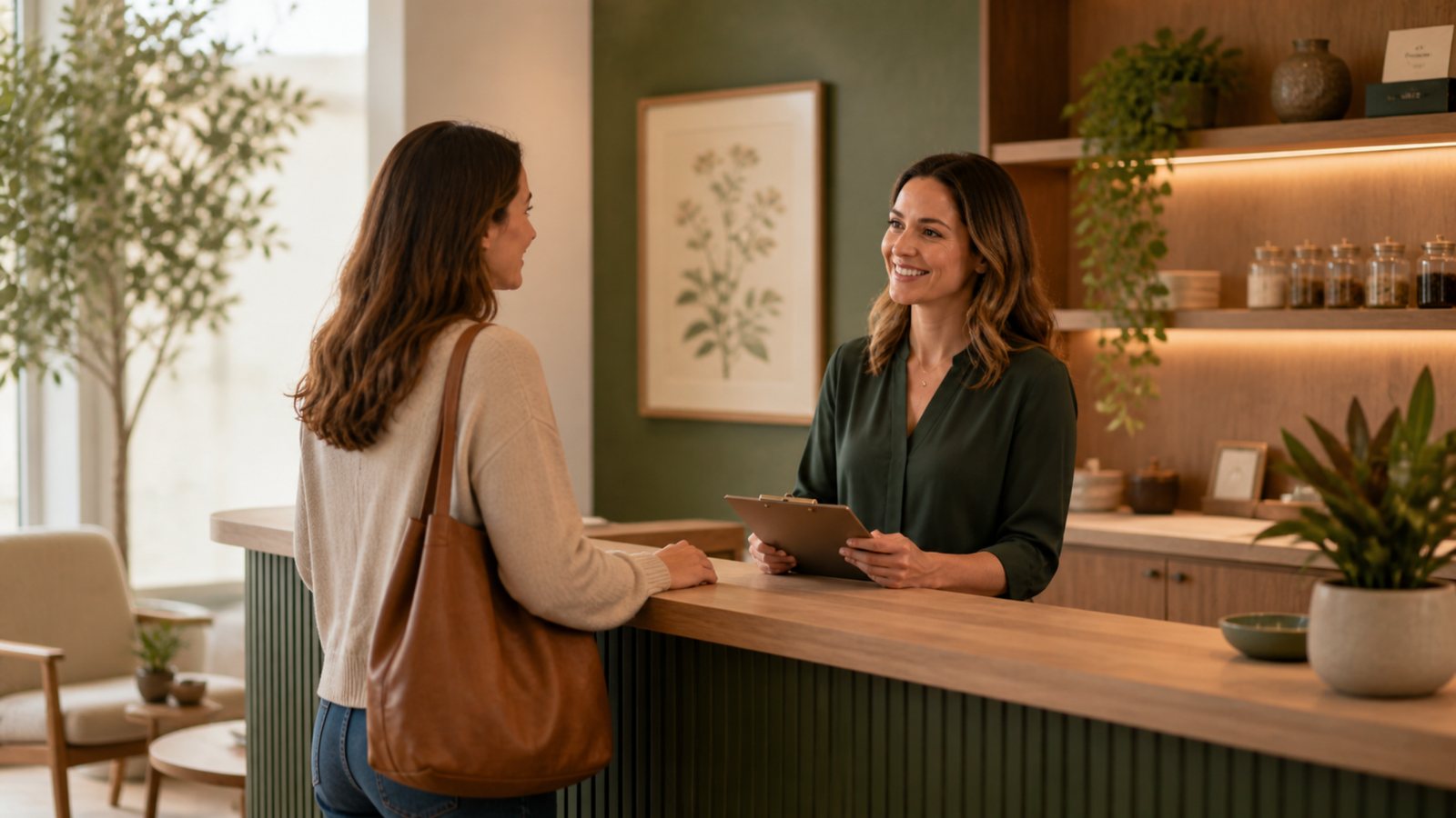 Welcoming InnerVital reception desk with patient being greeted by clinic staff
