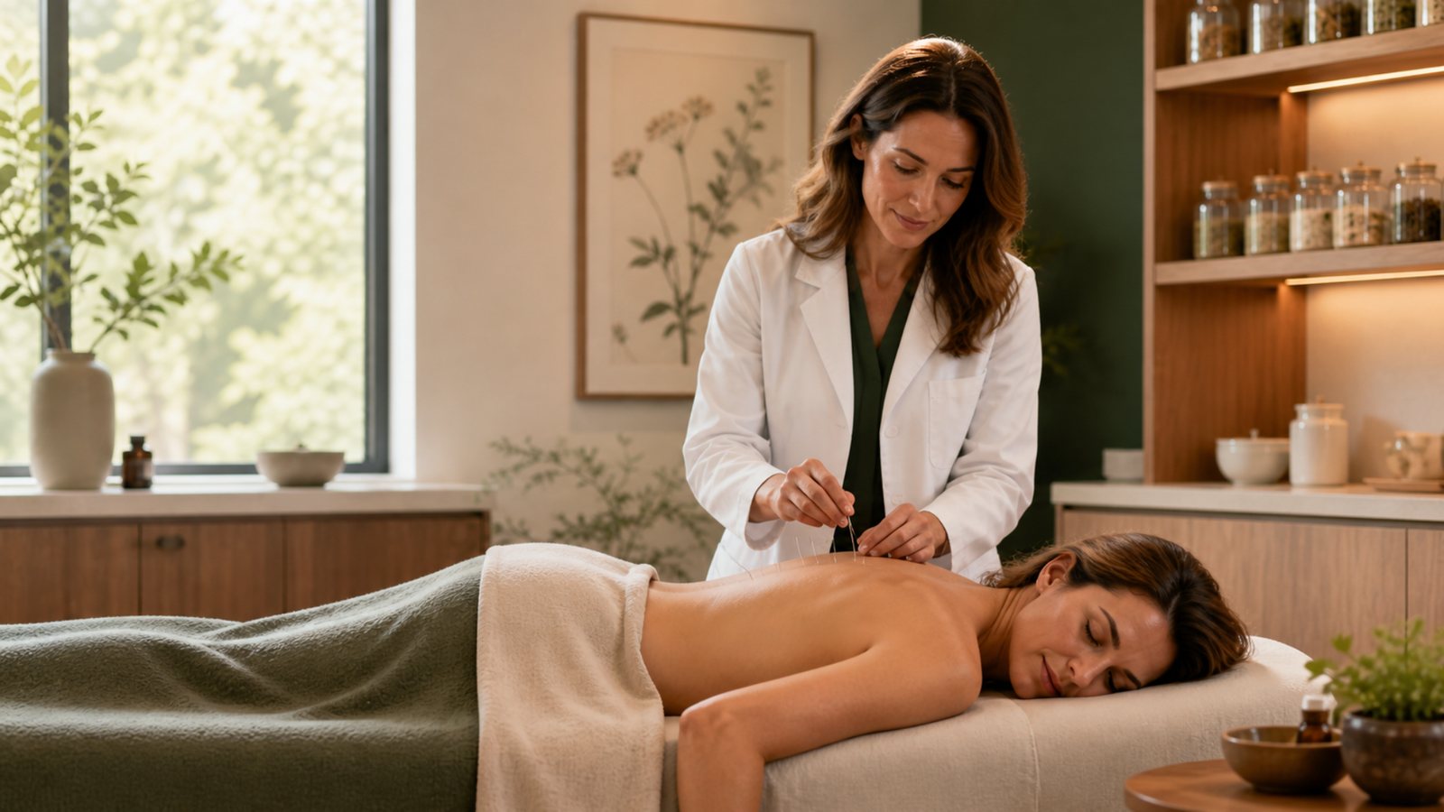 Licensed clinician providing acupuncture in a warm modern treatment room