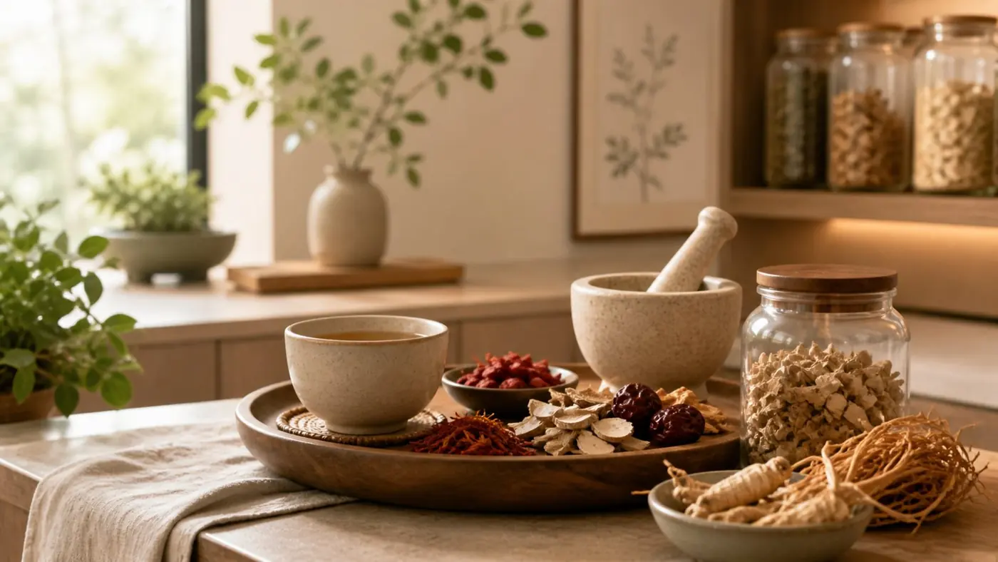 Traditional Chinese Medicine herbs and tea in a warm modern clinic setting