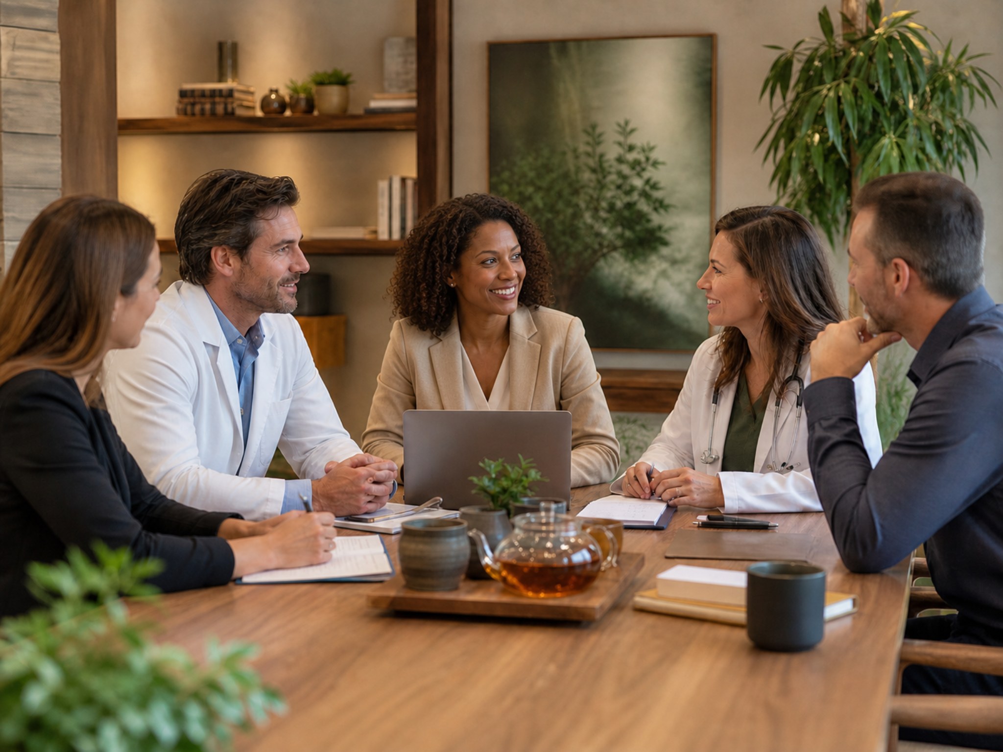 Healthcare providers discussing integrative care support in a bright office