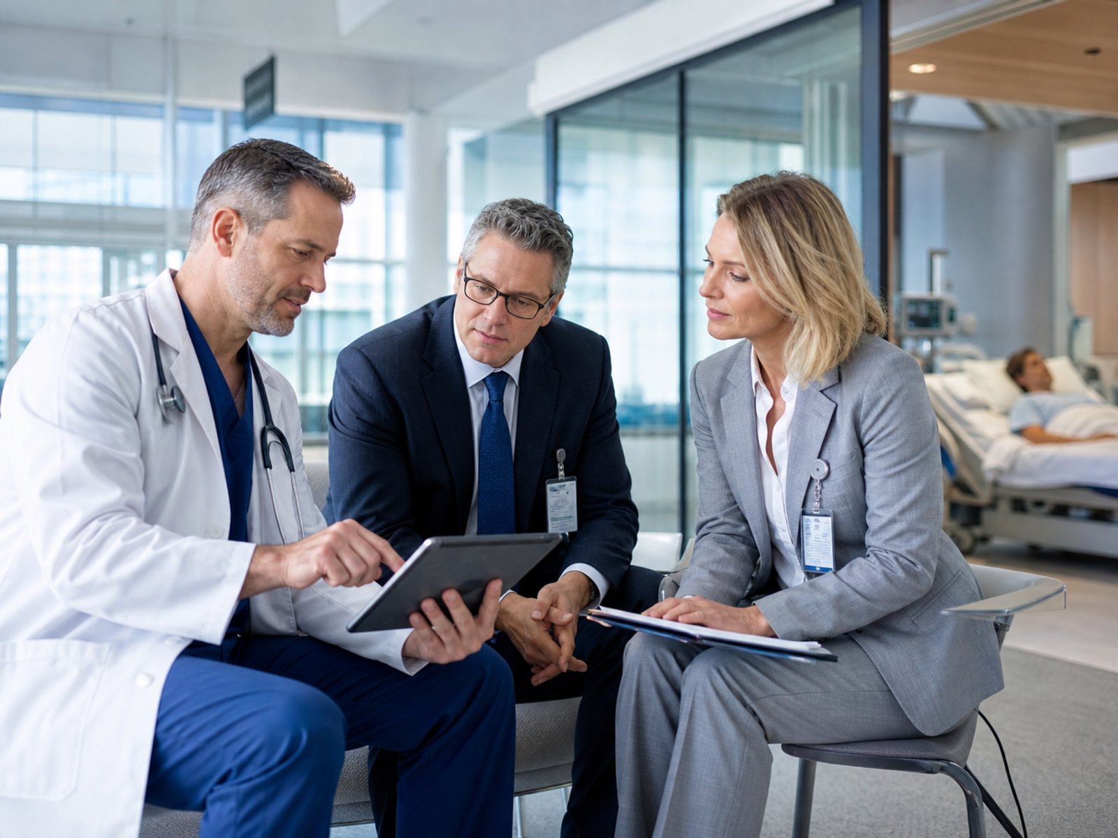 Hospital physician and administrators reviewing care collaboration in a hospital setting