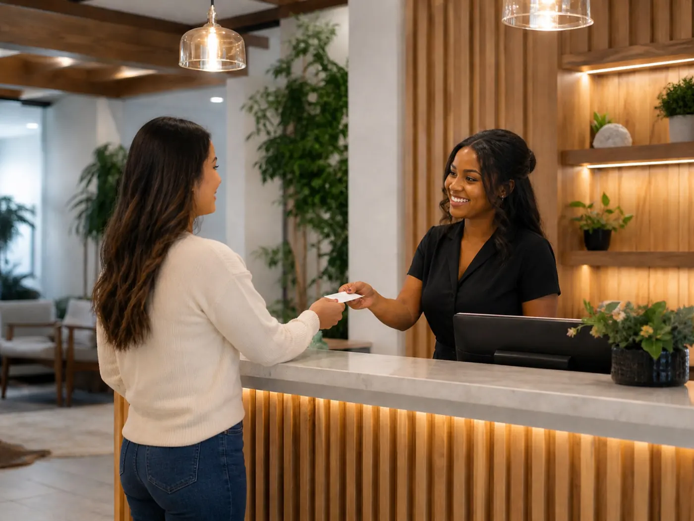 Welcoming clinic reception interaction with a patient at the front desk