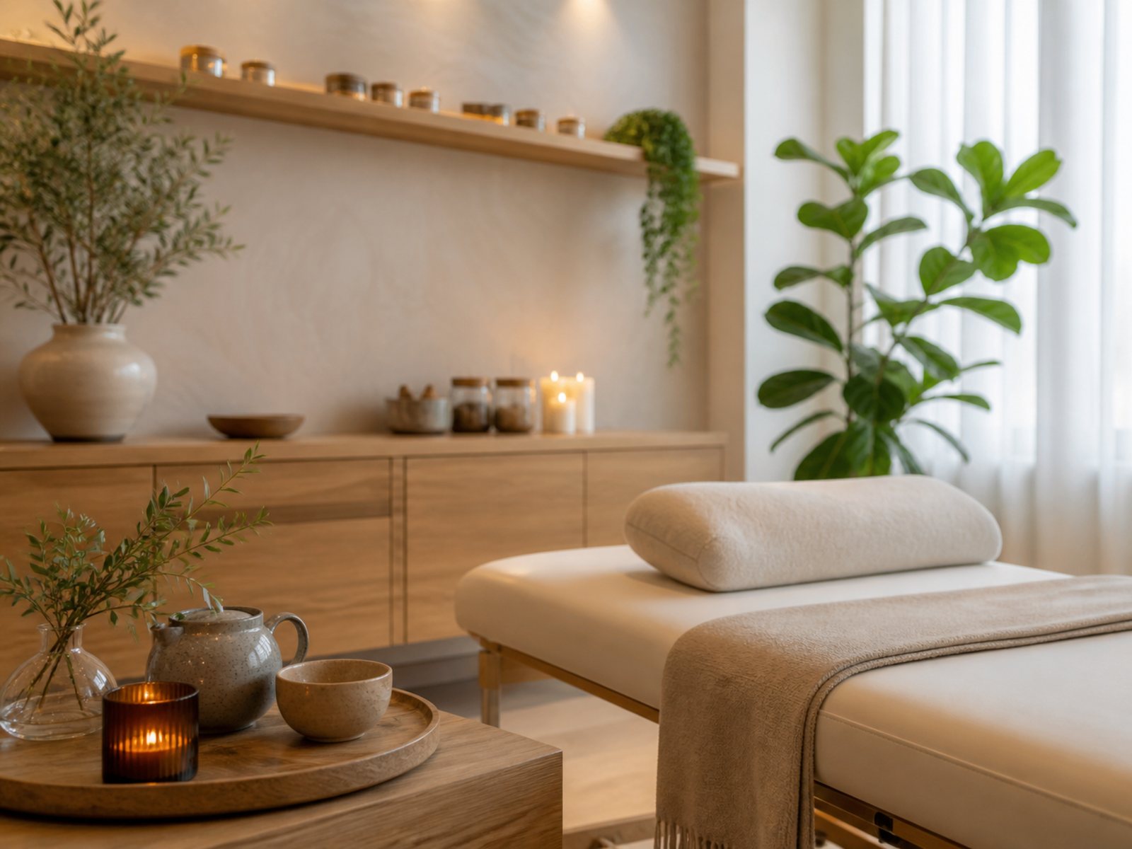 Calm modern treatment room with soft lighting, plants, and natural materials