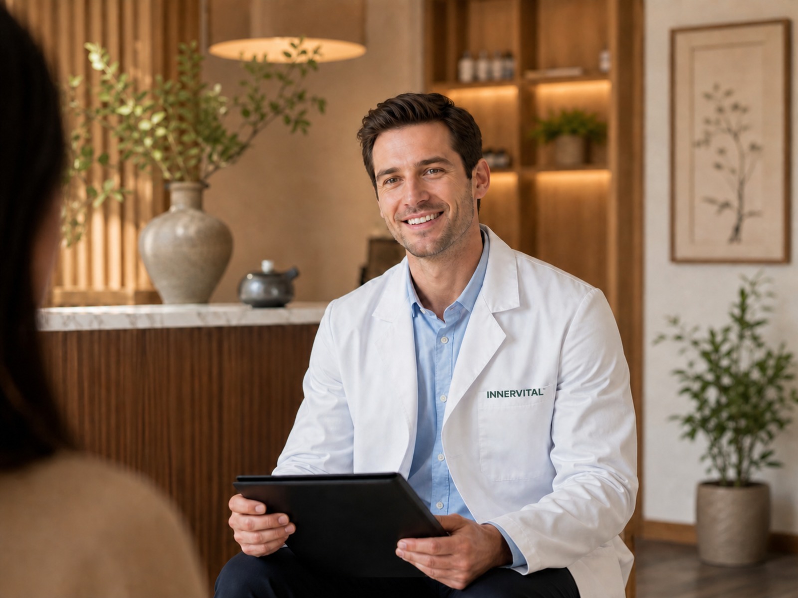 Male medical professional candidate smiling during a welcoming career conversation in a modern clinic