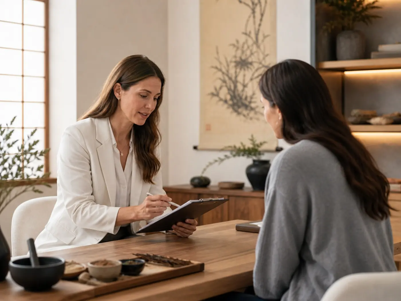 Clinician explaining care information and safety considerations during a calm patient consultation