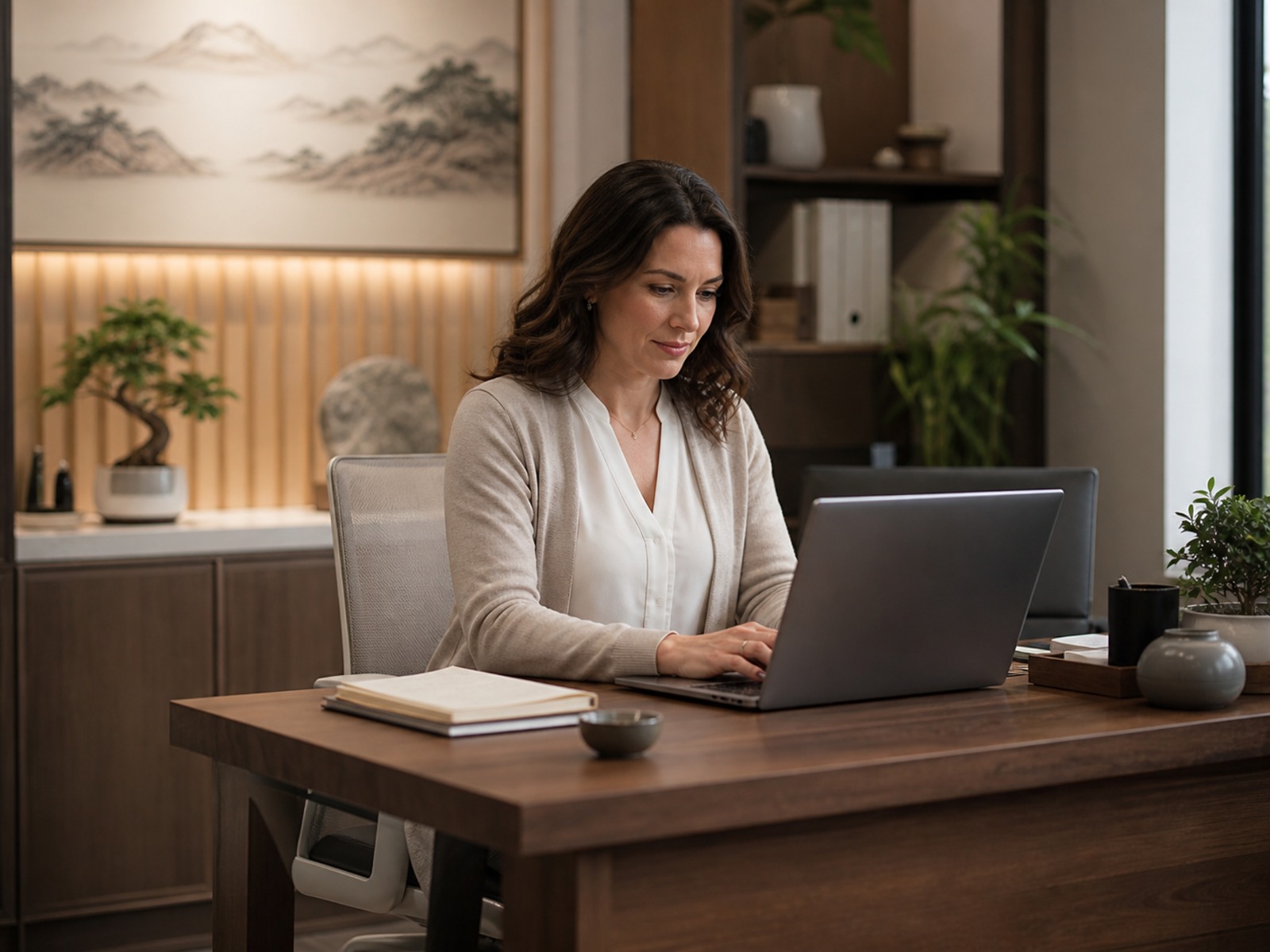Professional working privately on a laptop in a calm healthcare office environment