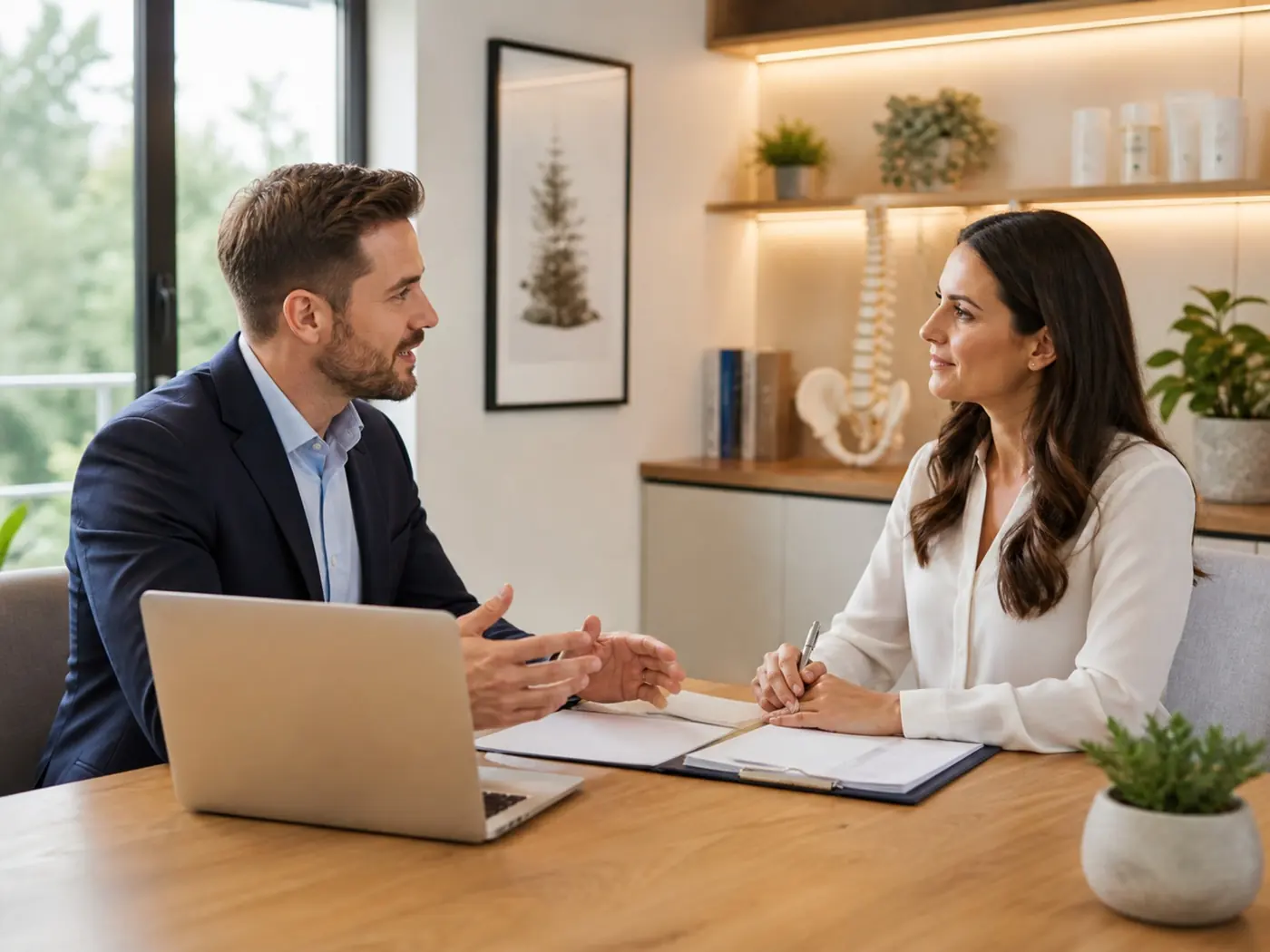 Professional conversation reviewing website terms and documentation in a modern clinical office