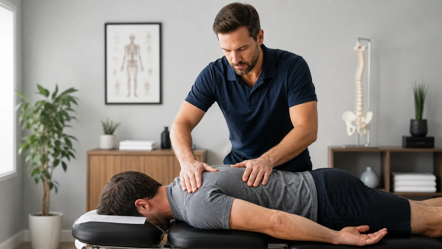 Male practitioner providing chiropractic or physical-therapy-style manual treatment to a patient