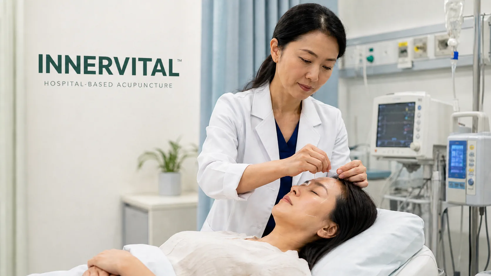 Practitioner performing hospital-informed acupuncture on a relaxed patient in a modern clinical setting