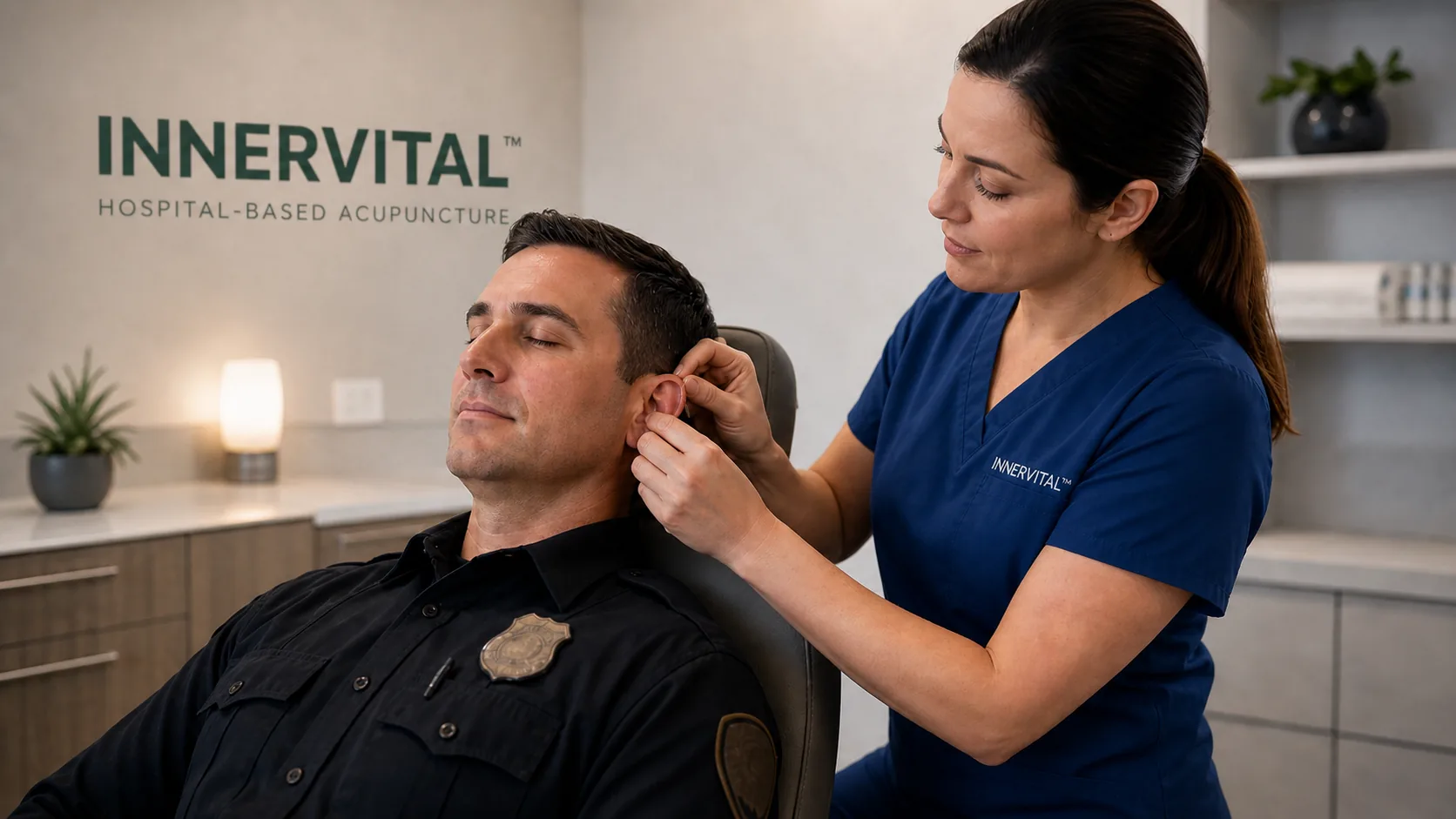 Female InnerVital practitioner providing auricular acupuncture support to a uniformed public safety patient