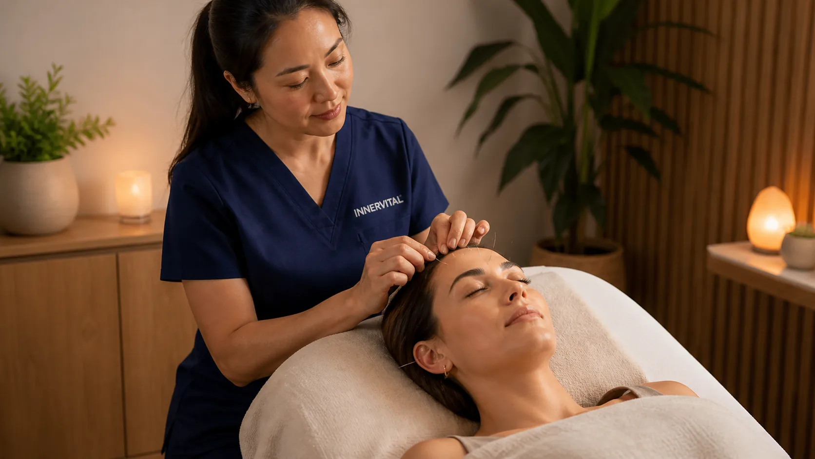 Female practitioner in blue scrubs with InnerVital logo performing acupuncture for stress and sleep support on a relaxed patient
