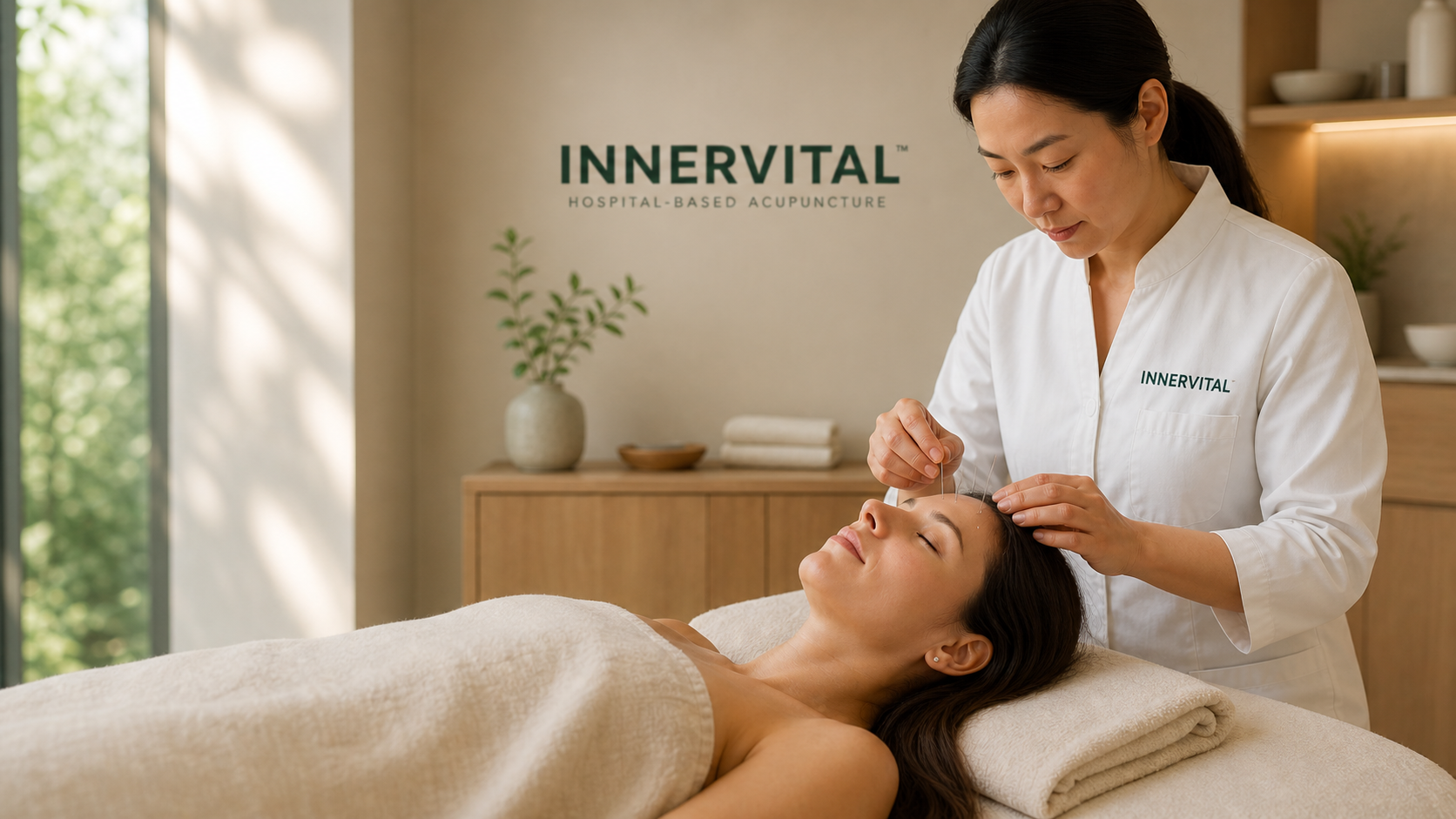 Asian woman in white clinical jacket performing acupuncture on a relaxed patient with InnerVital Hospital-Based Acupuncture wall signage