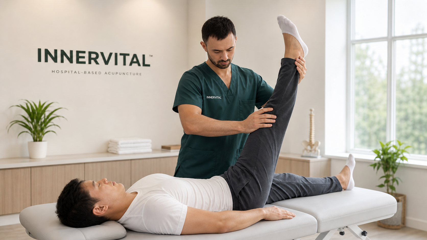 Male practitioner in scrubs with InnerVital logo performing Tuina manual therapy by lifting a patient’s leg on a treatment table