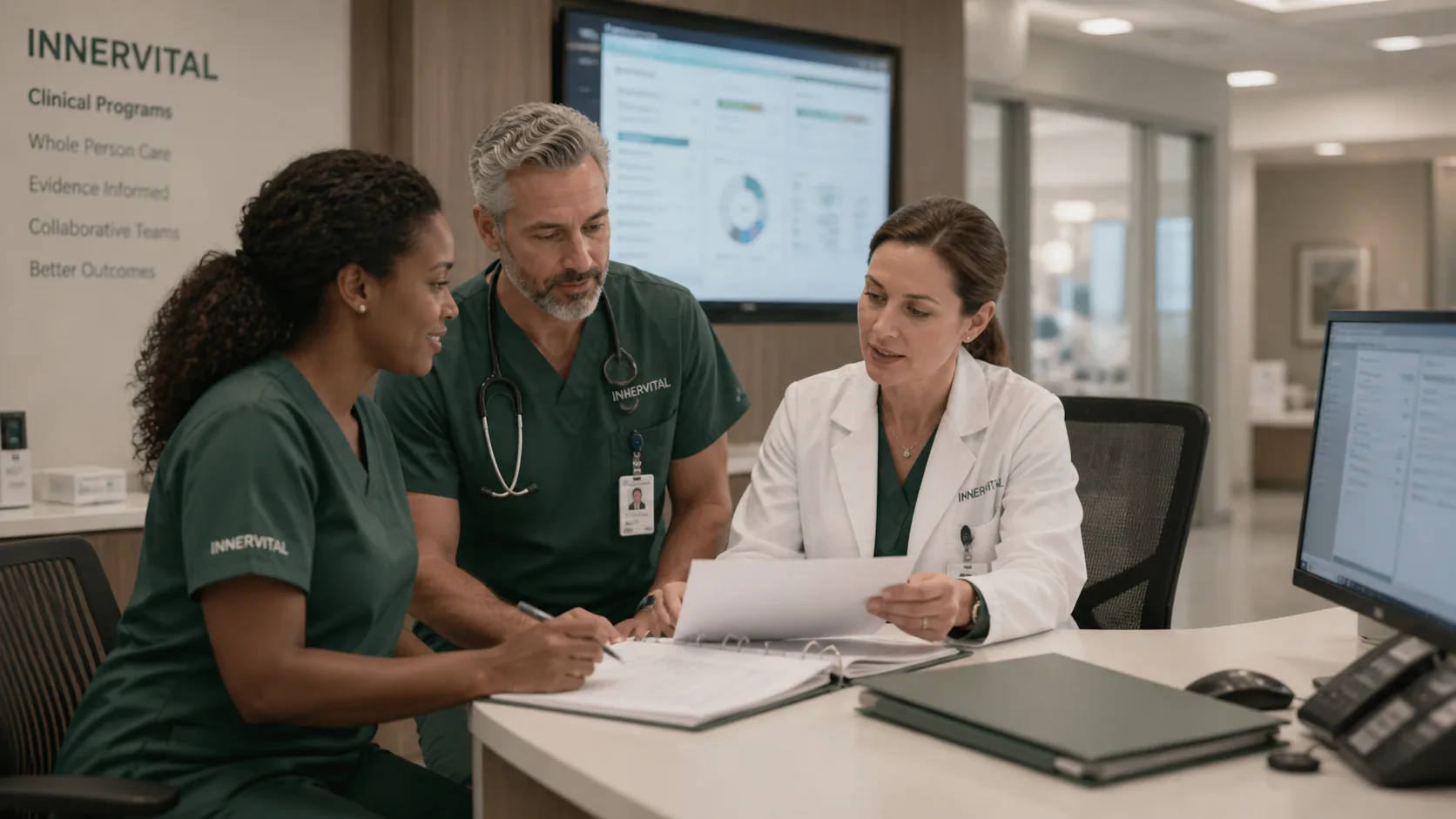 InnerVital clinical team reviewing care documentation and clinical programs in a modern hospital-informed setting