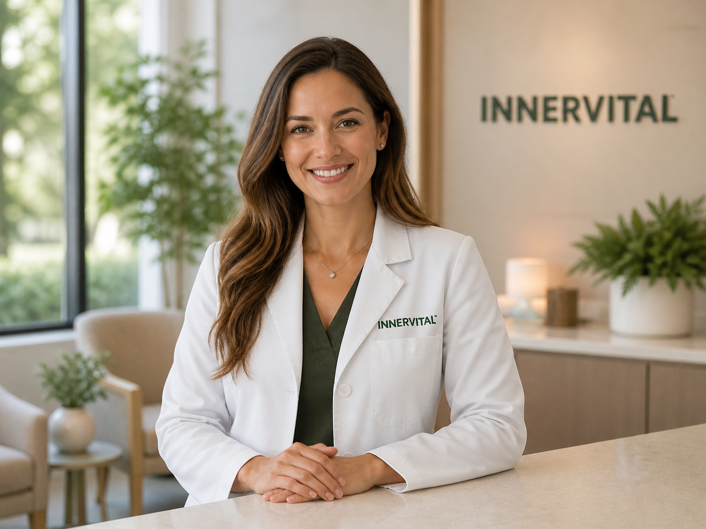 Empathetic InnerVital practitioner in a white medical jacket welcoming patients in a calm clinic setting